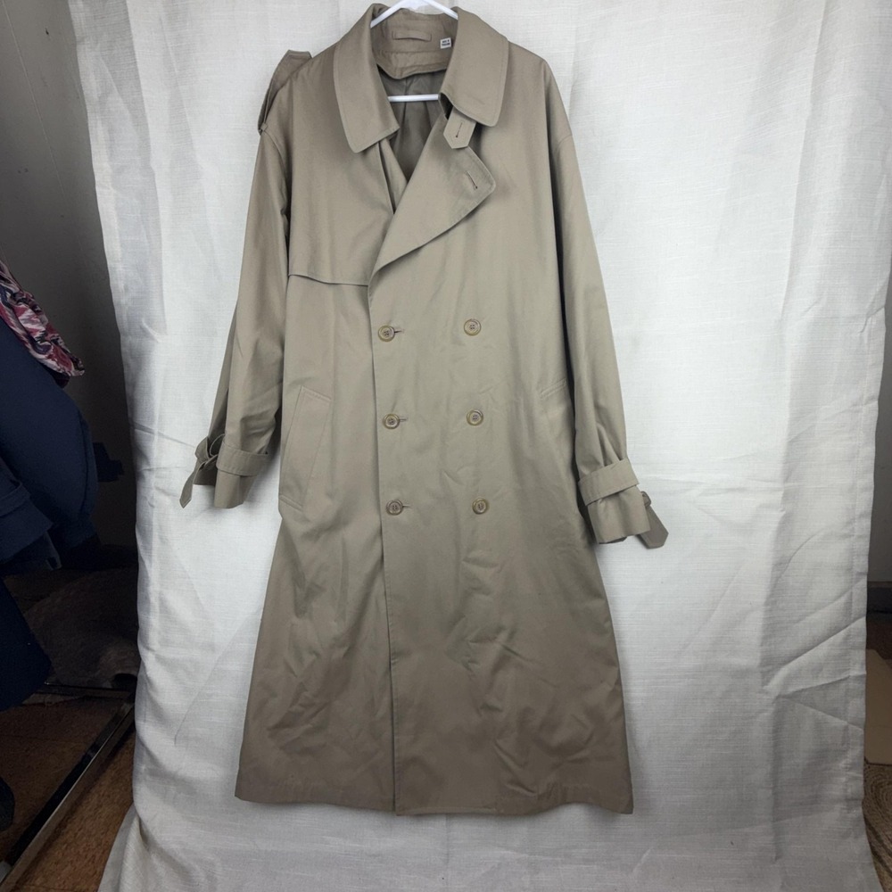 VTG London Fog Trench Coat Mens 44 Beige Belted Double Breasted‎ Long Classic